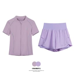 DRUR Breathable Gym Clothes for Women 2 Piece Summer Workout Sets Full Zip Sports Tops with Elastic Waist Shorts Active Wear New