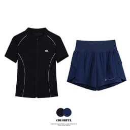 DRUR Breathable Gym Clothes for Women 2 Piece Summer Workout Sets Full Zip Sports Tops with Elastic Waist Shorts Active Wear New