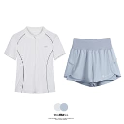 DRUR Breathable Gym Clothes for Women 2 Piece Summer Workout Sets Full Zip Sports Tops with Elastic Waist Shorts Active Wear New