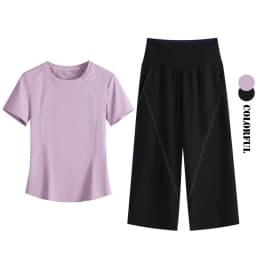 DRUR Loose Fit Summer Yoga Set Women 2 Piece Lightweight Breathable Sport Shirts Sweatpants Suit 2pcs Sportswear Outfit Yogawear