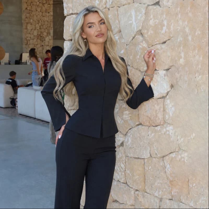 Womenn's 2 Piece Outfits Lapel Flare Long Sleeve Peplum Top High Waist Flared Pants Set Office Matching Suit Lady Cozy Wear Set