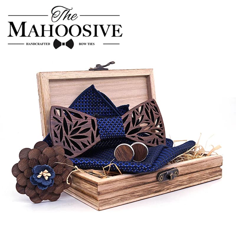 Wooden Bow Tie Handerchief Set Wood Bowtie Cufflinks Floral Ties Lapel Flower Brooch Corbata Gravata Tie for Men Noeud Papillon