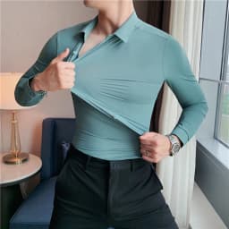 Men's Ultra Stretch Seamless Long Sleeve Shirt Top Quality Business Casual Breathable Stretchable Solid Color Formal Dress Shirt