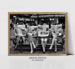 Women Reading Newspaper Print: Retro Chic Fashion Wall Art - Trendy Black & White Photography Wall Decor