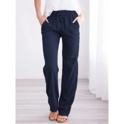Women Cotton Linen Drawstring Pants Elastic Waist Casual Solid Color Trousers Baggy Loose Straight Leg Breathable Sweatpants