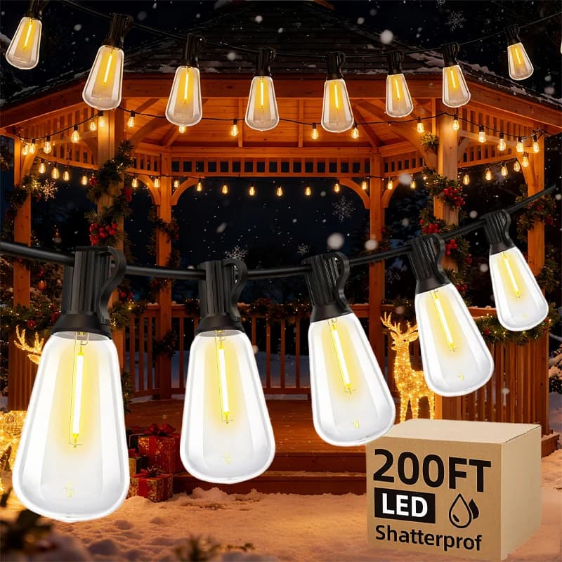200FT LED Outdoor String Lights Dimmable Waterproof ST38 LED Shatterproof Bulbs Outside Hanging Light for Porch Garden Decor