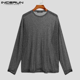 INCERUN 2024 Fashion Men T Shirt Mesh See Through O-neck Long Sleeve Camisetas Party Nightclub Streetwear Sexy Tee Tops S-5XL