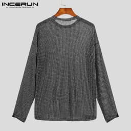 INCERUN 2024 Fashion Men T Shirt Mesh See Through O-neck Long Sleeve Camisetas Party Nightclub Streetwear Sexy Tee Tops S-5XL