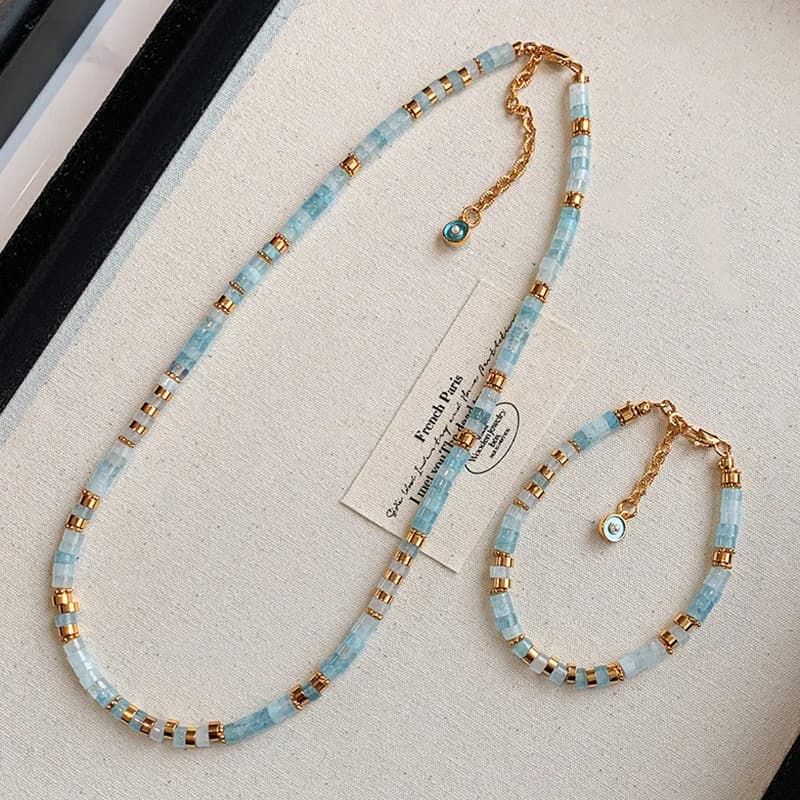 Minar Bohemian Mix Color Natural Stone Aquamarine Beads Beaded Necklace for Women 24K Real Gold Plated Brass Chain Strand Choker