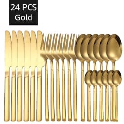 30PCS Gold Tableware Sets Stainless Steel Cutlery Knife Tea Fork Coffee Spoon Flatware Dishwasher Safe Dinner Kitchen Dinnerware