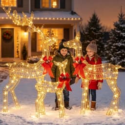 3-Piece Lighted Christmas Reindeer Decoration Set, 360 LED Plug-in Light Up Deer Family Holiday Decor, Indoor Outdoor Christmas Ornaments for Front Yard Porch