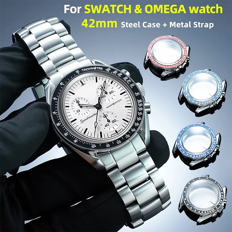 Stainless Steel Moon Watch Case Mod Kit for SWATCH & OMEGA Moonswatch 42mm Dial Metal Case Bracelet Watch Accessories NO Movemen