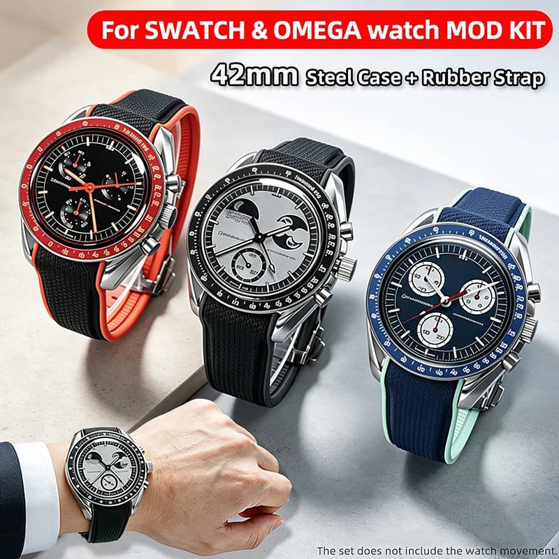 42mm Stainless Steel Moon Watch Case+Rubber Strap Mod Kit for Omega & Swatch MoonSwatch Metal Case Waterproof Bracelets parts