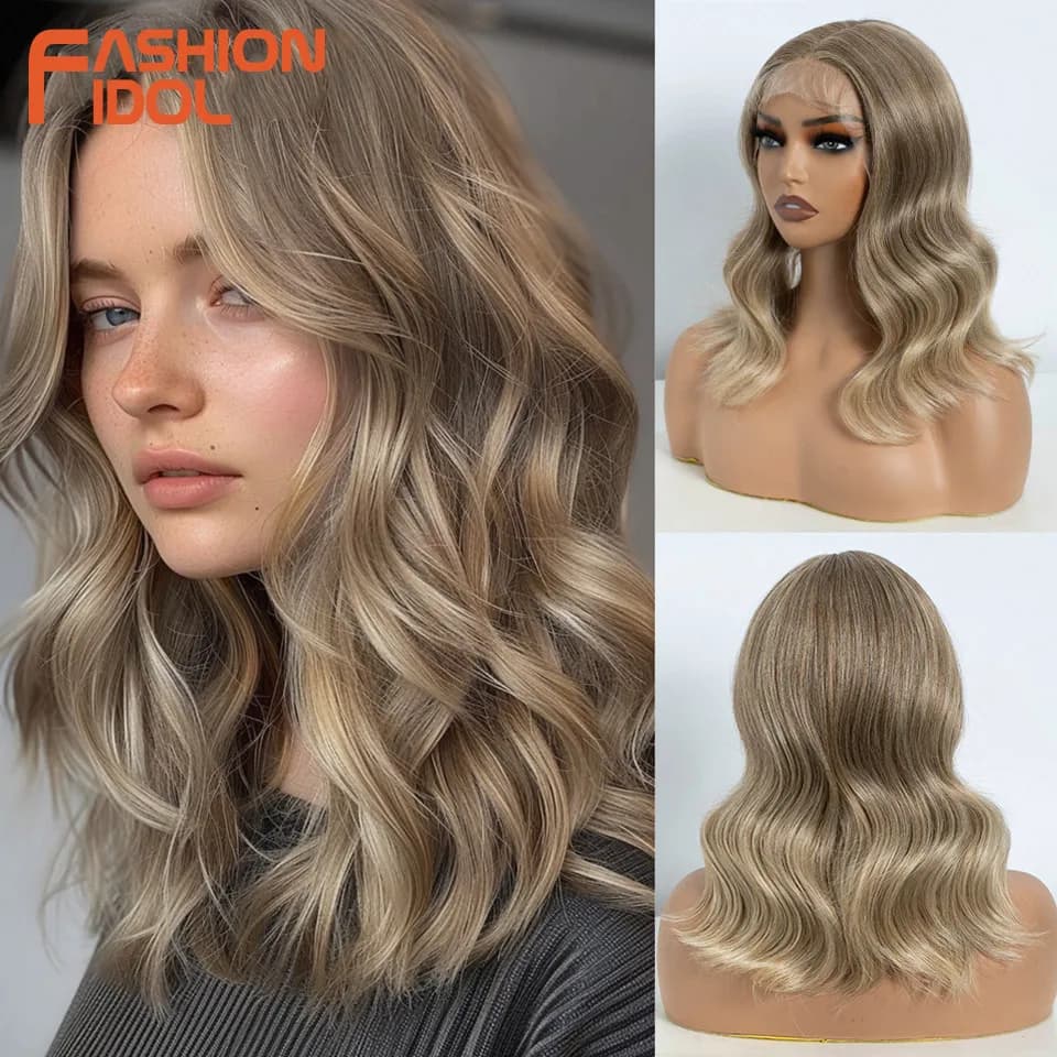 FASHION IDOL 14inch/35cm Short Bob Wig Body Wave Lace Wigs For Women Synthetic Cosplay Wigs Ombre Blonde Highligh Lace Front Wig