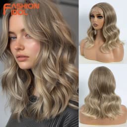 FASHION IDOL 14inch/35cm Short Bob Wig Body Wave Lace Wigs For Women Synthetic Cosplay Wigs Ombre Blonde Highligh Lace Front Wig