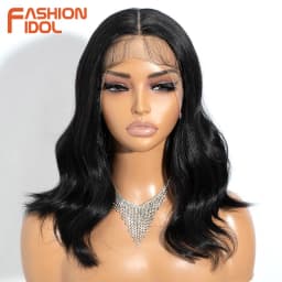 FASHION IDOL 14inch/35cm Short Bob Wig Body Wave Lace Wigs For Women Synthetic Cosplay Wigs Ombre Blonde Highligh Lace Front Wig