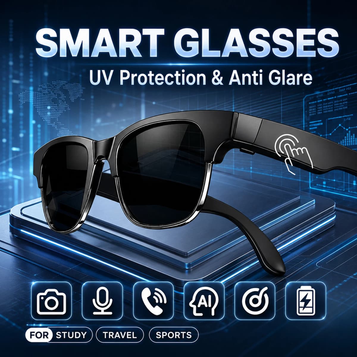 Smart Glasses Hands-Free Calling AI Chat Logging Music Playback Bluetooth Sunglasses for Men Touch Control Selfie Anti Glare