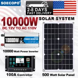 SOECOPO 10000W Solar System Kit, 500W Photovoltaic Solar Panel + 10000W Power Inverter + 100A Controller, DC 12V to AC 110V/220V, Complete with Cables, Clips & Suction Cups, Fast 2-8 Days US Delivery