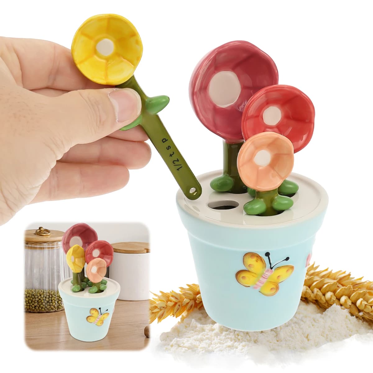 4Pcs Ceramic Measuring Spoon with Base Set 1/4 Tsp 1/2 Tsp 1 Tsp 1 Tbsp Ceramic Flower Pot Shape Kitchen Tool Baking Scale Spoon