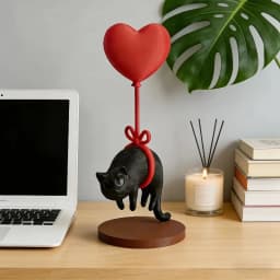 SFloating Cat w/ Heart Balloon - Romantic Desk Decor for Couples, Home, Bookshelf, Bedside. Cute & Cozy!