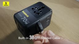 Baseus GaN Charger Universal Travel Adapter Built in 70W Retractable Cable 2AC 2 USB-A Type-C Fast Charging EU/UK/USA/AUS