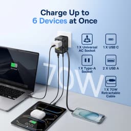 Baseus GaN Charger Universal Travel Adapter Built in 70W Retractable Cable 2AC 2 USB-A Type-C Fast Charging EU/UK/USA/AUS