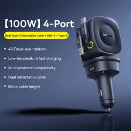 Baseus 100W Car Charger PD QC Fast Charging Dual Type-C Retractable Cable 4 ports 450°Rotation For Laptop Tablet iPhone Samsung