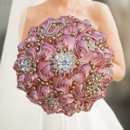 Customized Wedding Bouquet Bride Bridesmaid Leather Pink Crystal Silk Artificial Rose Handmade Wedding Props