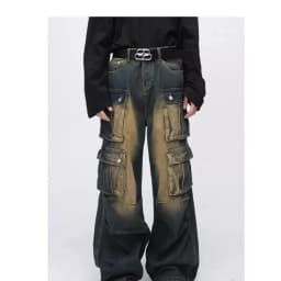 Y2K Street Men Baggy Cargo Jeans Vintage Acid Wash Wide Leg Denim Pants Multi Flap Pockets Grunge Workwear Loose Trousers