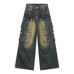 Y2K Street Men Baggy Cargo Jeans Vintage Acid Wash Wide Leg Denim Pants Multi Flap Pockets Grunge Workwear Loose Trousers