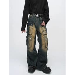 Y2K Street Men Baggy Cargo Jeans Vintage Acid Wash Wide Leg Denim Pants Multi Flap Pockets Grunge Workwear Loose Trousers