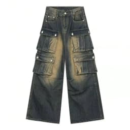 Y2K Street Men Baggy Cargo Jeans Vintage Acid Wash Wide Leg Denim Pants Multi Flap Pockets Grunge Workwear Loose Trousers