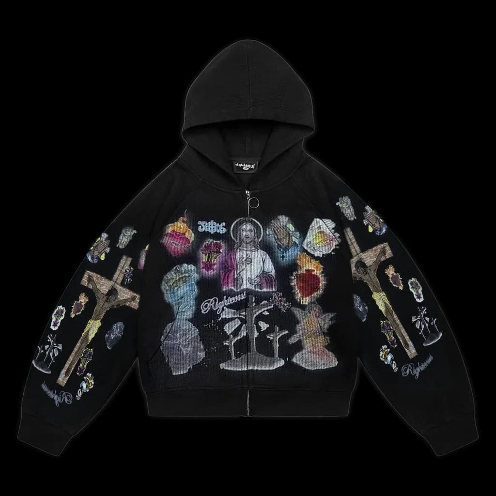 Trendy Y2K Mens Street Black Zip Up Hoodie Unisex with Religious Pattern Multi Element Print for Niche Youth Express Personality