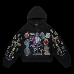 Trendy Y2K Mens Street Black Zip Up Hoodie Unisex with Religious Pattern Multi Element Print for Niche Youth Express Personality