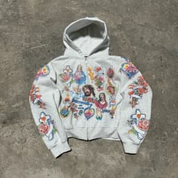 Trendy Y2K Mens Street Black Zip Up Hoodie Unisex with Religious Pattern Multi Element Print for Niche Youth Express Personality