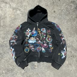 Trendy Y2K Mens Street Black Zip Up Hoodie Unisex with Religious Pattern Multi Element Print for Niche Youth Express Personality