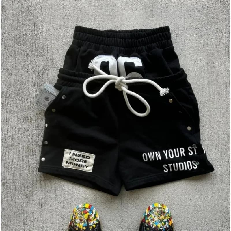 Summer new style drawstring double-ended pants American retro washed personalized printed casual shorts trendy retro loose pants