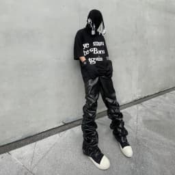 Dark punk hip-hop pleated niche loose slimming stacked glossy PU leather trousers for men and women
