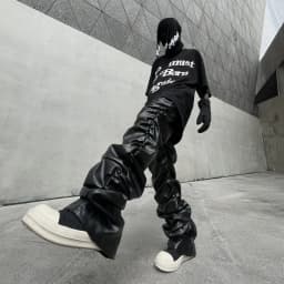 Dark punk hip-hop pleated niche loose slimming stacked glossy PU leather trousers for men and women