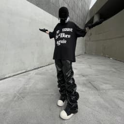 Dark punk hip-hop pleated niche loose slimming stacked glossy PU leather trousers for men and women
