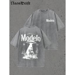 Retro Modelo 1925 Cerveza T Shirt Men Washed Cotton Oversized UFO Cowboy Graphic Tee Casual Streetwear Summer Short Sleeve