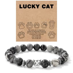 Natural Stone Citrines Beaded Bracelet Lucky Cat Head Charm Fluorite Moss Agates Bracelets for Women Men Cute Handmade Jewelry