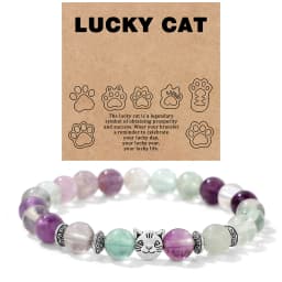 Natural Stone Citrines Beaded Bracelet Lucky Cat Head Charm Fluorite Moss Agates Bracelets for Women Men Cute Handmade Jewelry