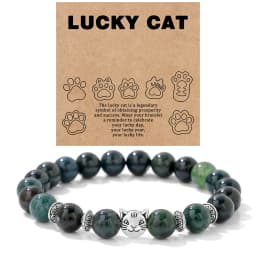 Natural Stone Citrines Beaded Bracelet Lucky Cat Head Charm Fluorite Moss Agates Bracelets for Women Men Cute Handmade Jewelry