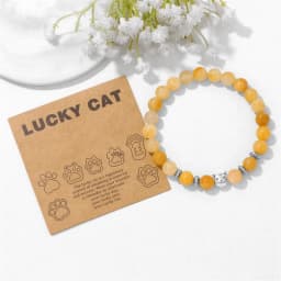 Natural Stone Citrines Beaded Bracelet Lucky Cat Head Charm Fluorite Moss Agates Bracelets for Women Men Cute Handmade Jewelry