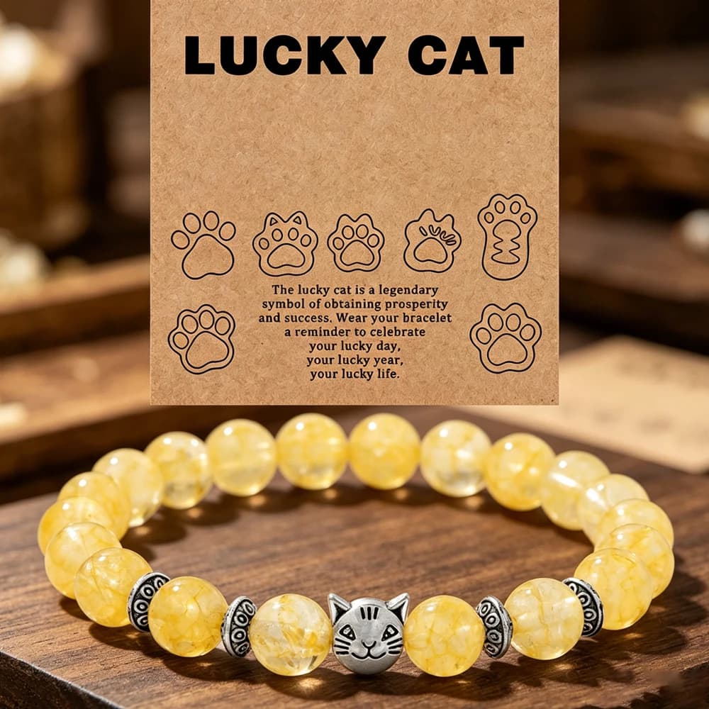 Natural Stone Citrines Beaded Bracelet Lucky Cat Head Charm Fluorite Moss Agates Bracelets for Women Men Cute Handmade Jewelry