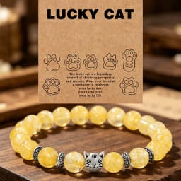 Natural Stone Citrines Beaded Bracelet Lucky Cat Head Charm Fluorite Moss Agates Bracelets for Women Men Cute Handmade Jewelry