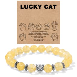 Natural Stone Citrines Beaded Bracelet Lucky Cat Head Charm Fluorite Moss Agates Bracelets for Women Men Cute Handmade Jewelry