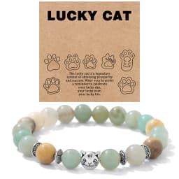 Natural Stone Citrines Beaded Bracelet Lucky Cat Head Charm Fluorite Moss Agates Bracelets for Women Men Cute Handmade Jewelry