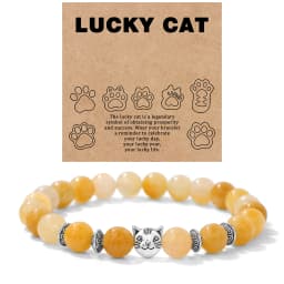 Natural Stone Citrines Beaded Bracelet Lucky Cat Head Charm Fluorite Moss Agates Bracelets for Women Men Cute Handmade Jewelry